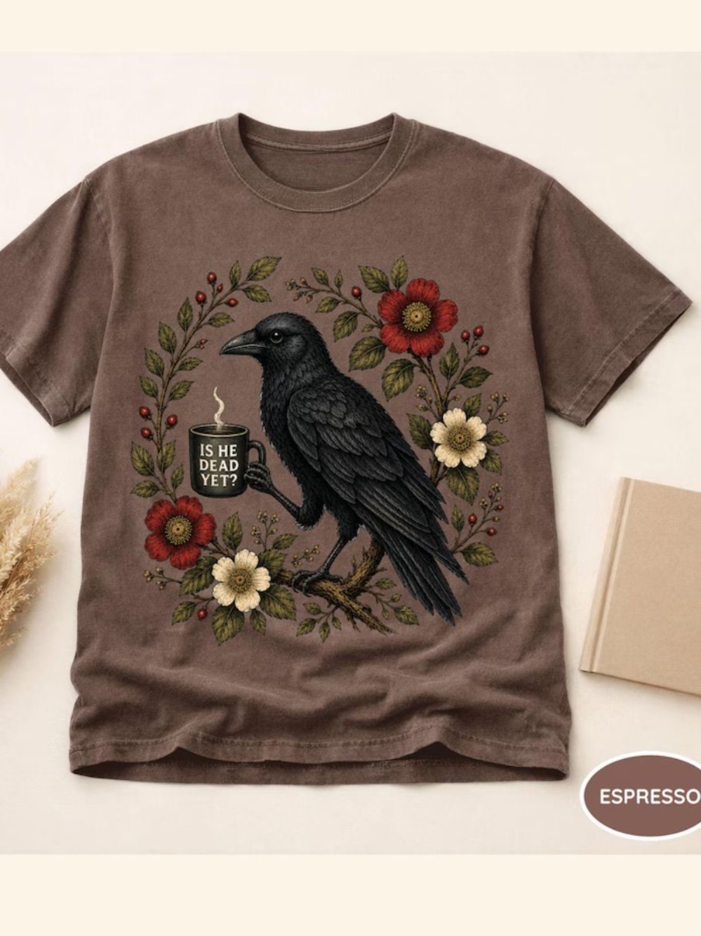 Comfort Espresso Raven Graphic T-Shirt, Retro 90s Style, Autumn Bird Tee